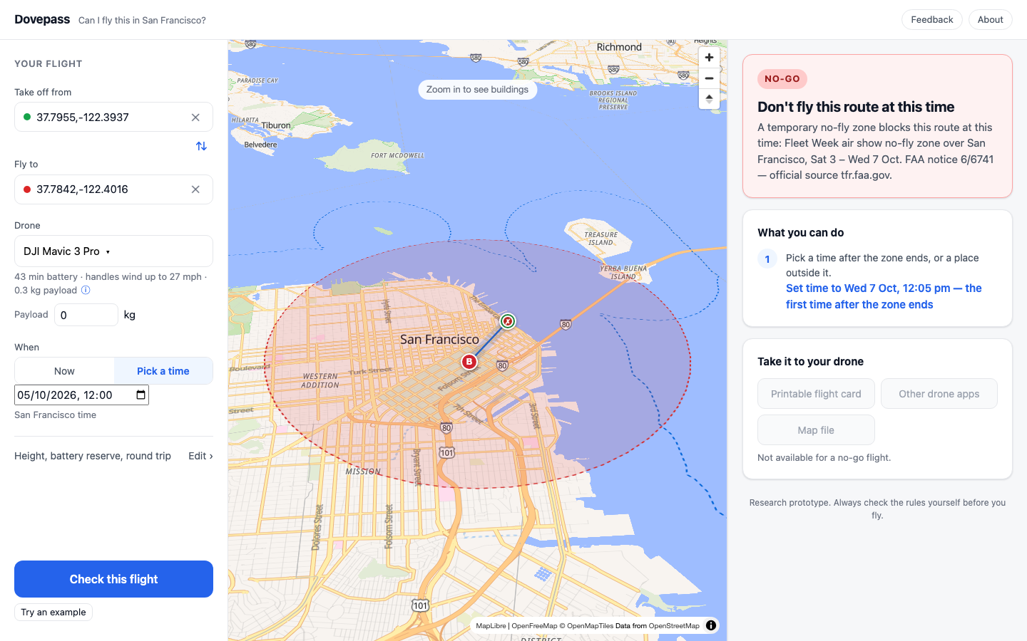 A no-fly-zone refusal with the zone drawn on the map
